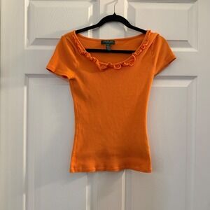 Lauren Ralph Lauren Ruffle Neck Top Orange Petite P Ribbed Knit Casual Summer